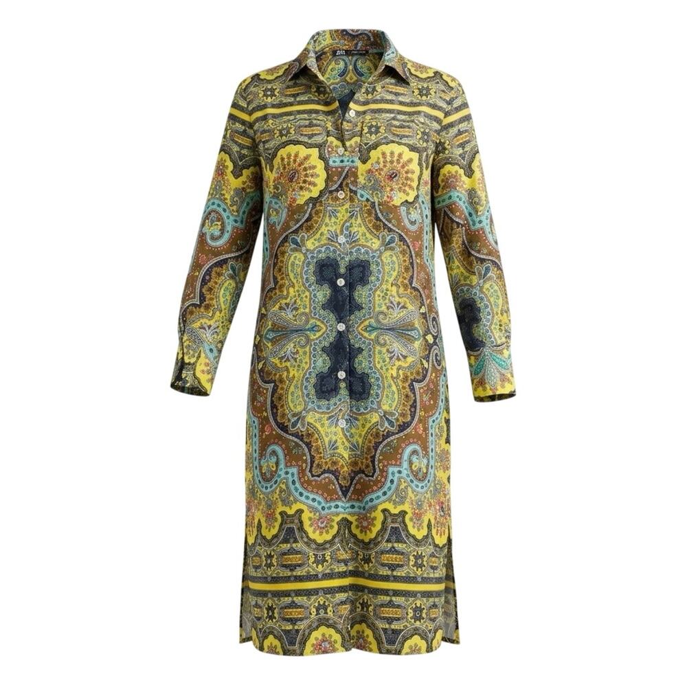 Paisley-Print Long Sleeve Shirt Dress in Yellow and Turquoise